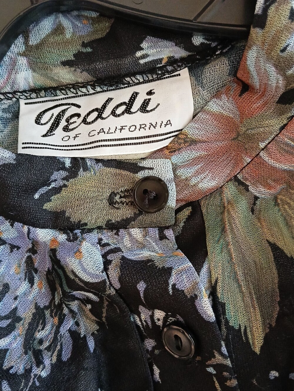 VTG 70s Dress Tunic Black Floral Teddi Of California Sz 12 - Picture 6 of 8